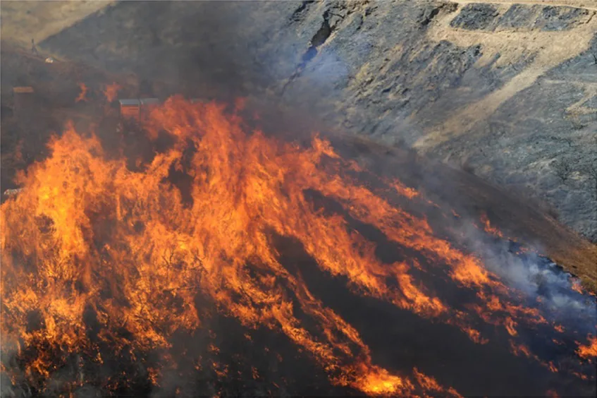 Panel B: Fire front approaches the test structures.